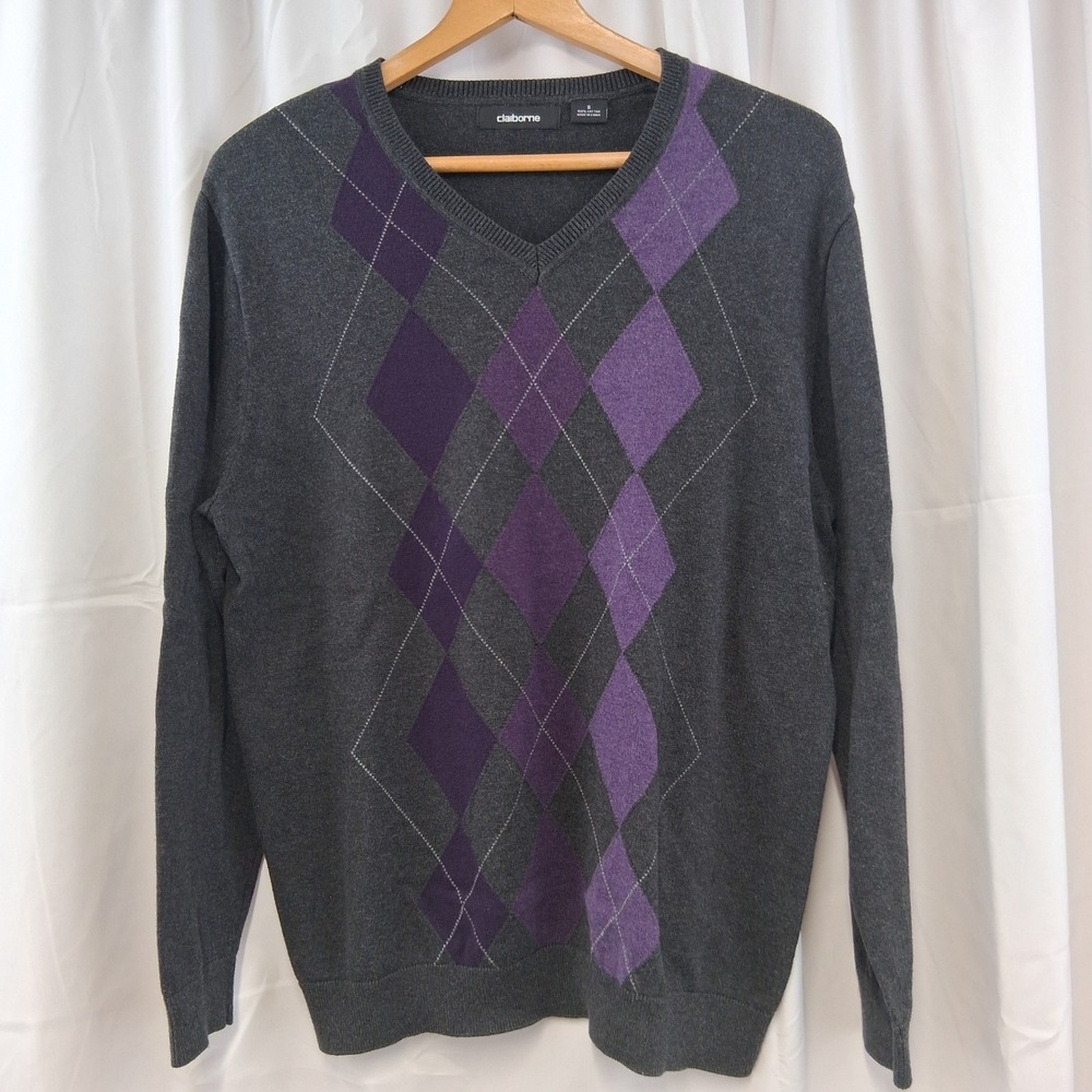 Claiborne Men's Gray Purple Argyle V Neck Long Sleeve Cotton Sweater Size S